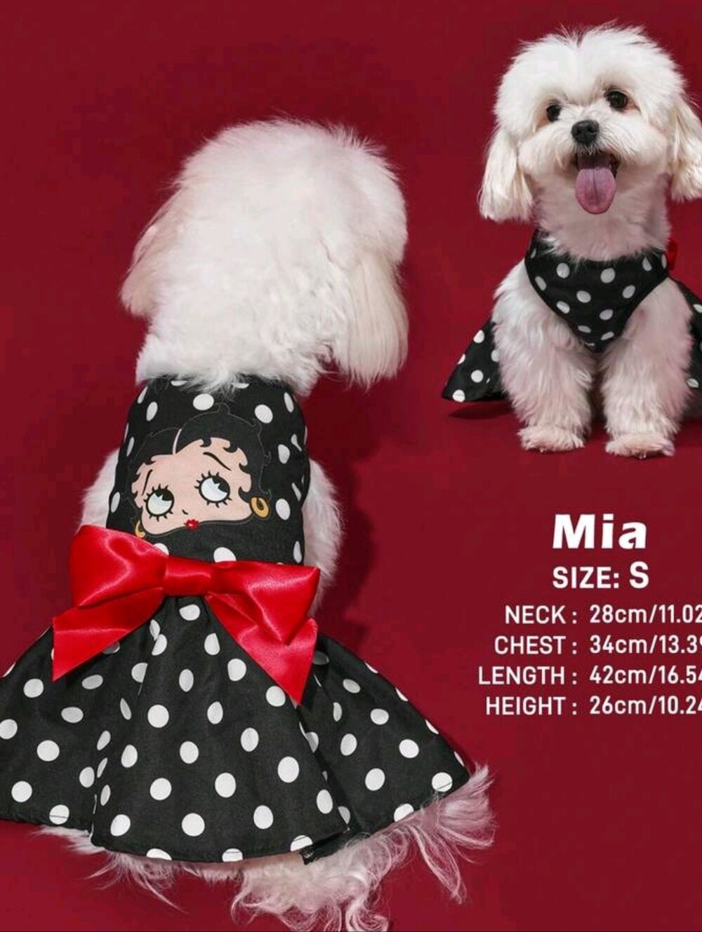 Betty Boop Black & White Polka Dot Dog Dress with Red Bow